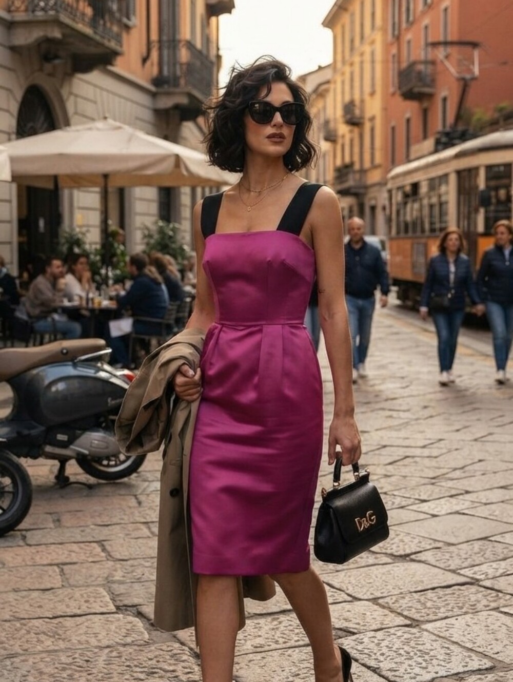 NWT Dolce & Gabbana D&G Satin Magenta Dress Black Velvet 42/M